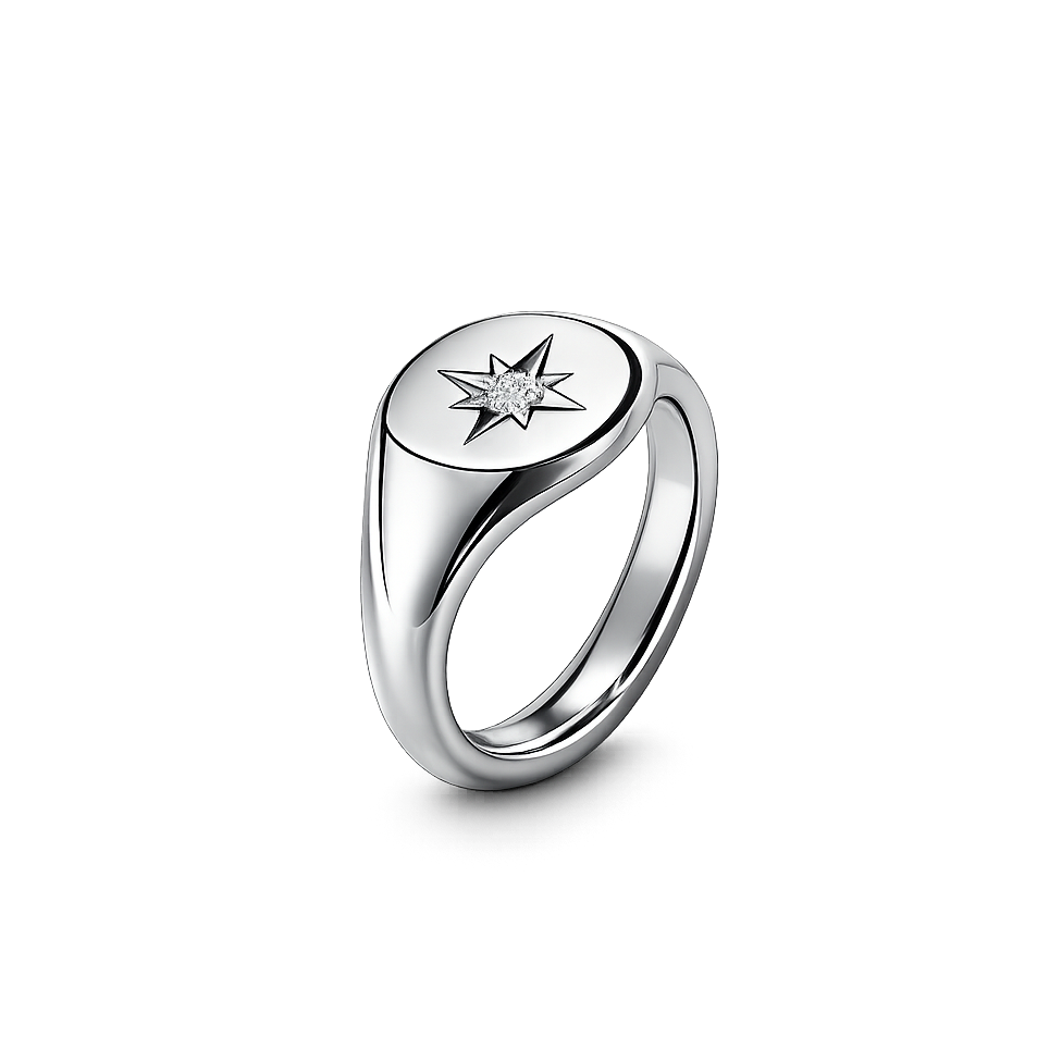 Silver ring with star design on a white background