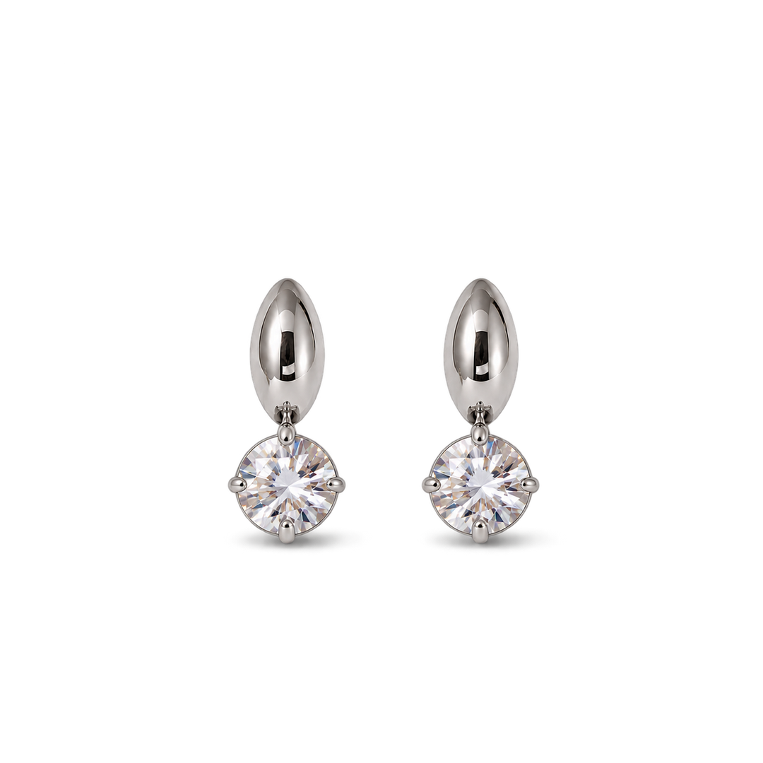 A pair of silver-toned drop earrings with marquise-shaped posts and round-cut clear gemstones, shown on a plain white background.