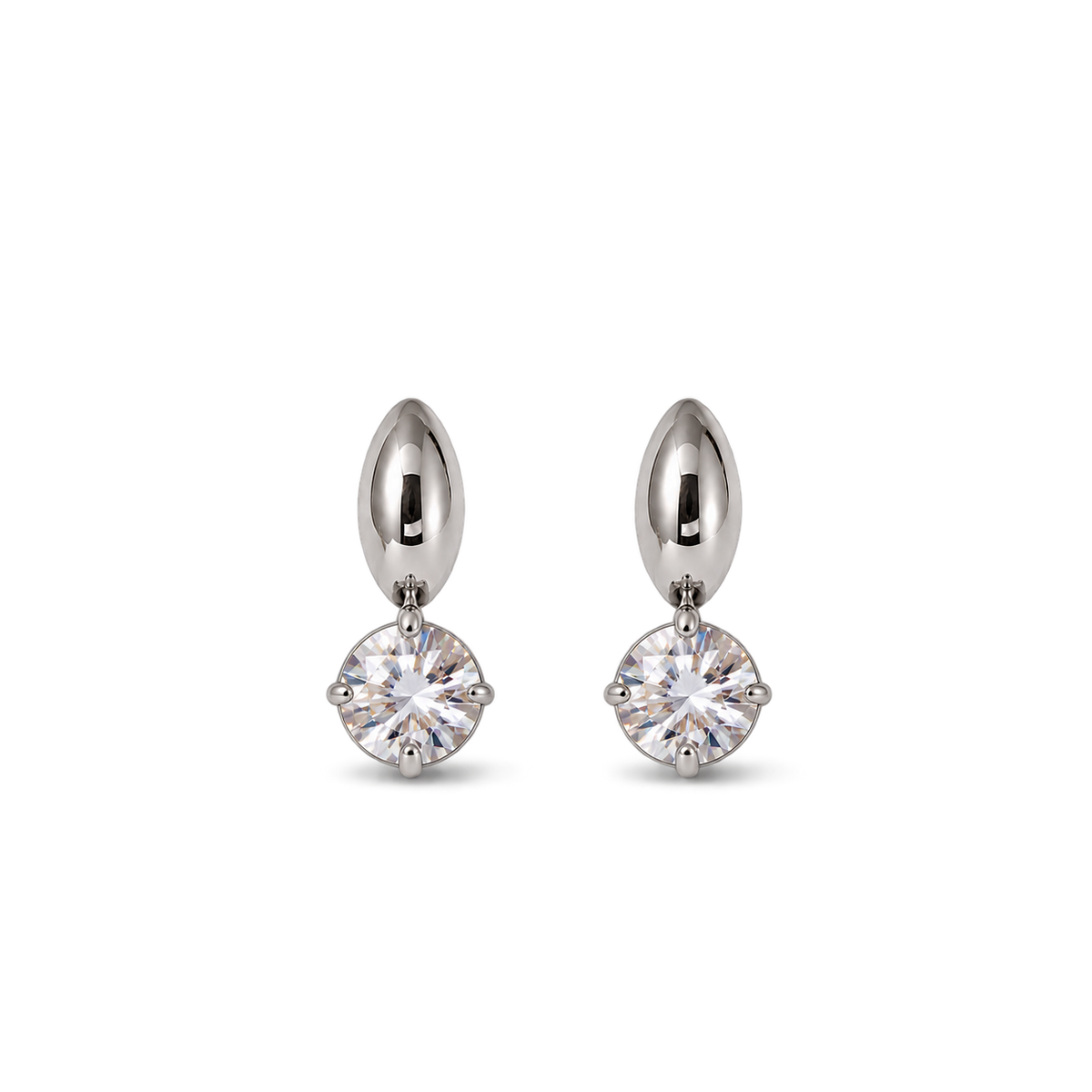 A pair of silver-toned drop earrings with marquise-shaped posts and round-cut clear gemstones, shown on a plain white background.