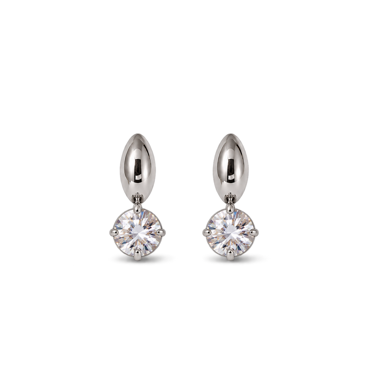A pair of silver-toned drop earrings with marquise-shaped posts and round-cut clear gemstones, shown on a plain white background.