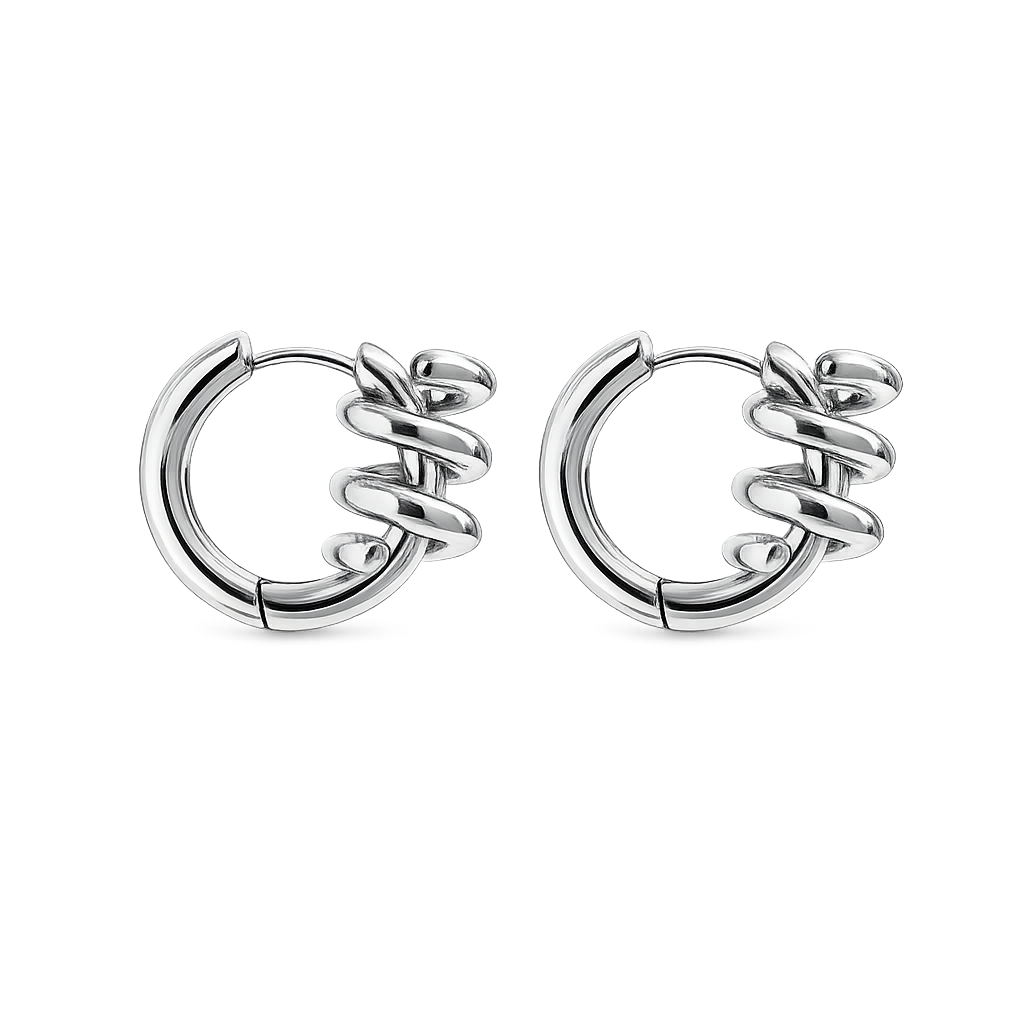 Pair of silver hoop earrings with intricate design on a white background