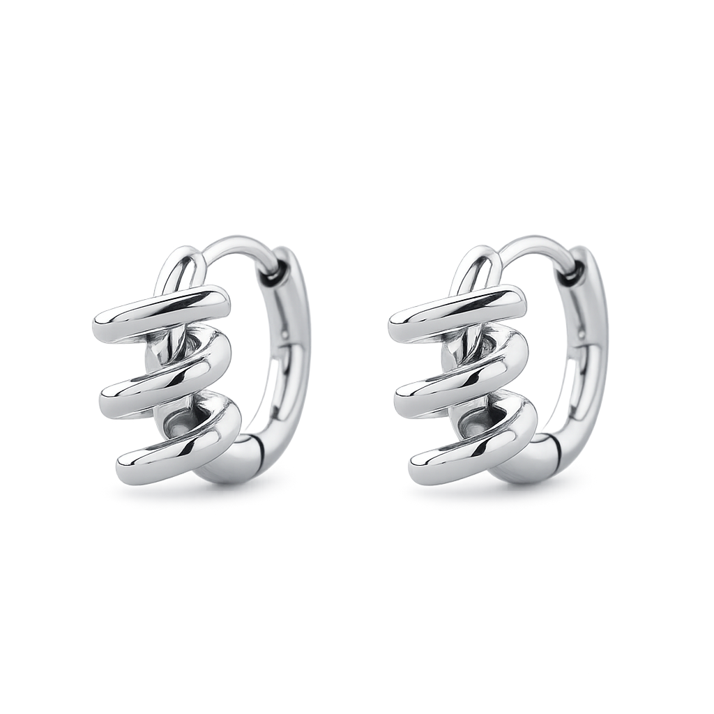 Pair of silver hoop earrings on a white background