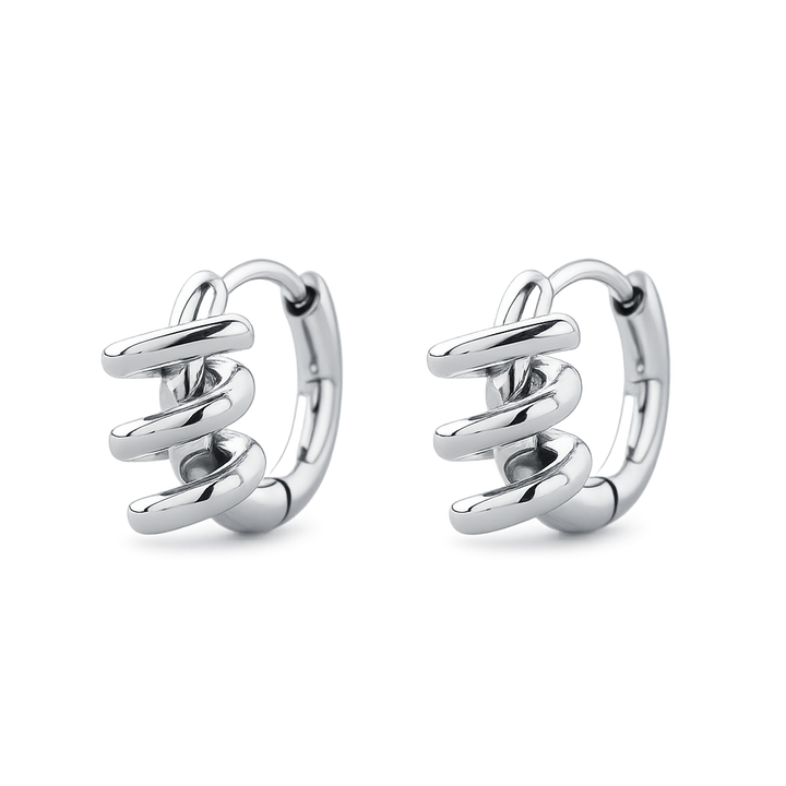Pair of silver hoop earrings on a white background