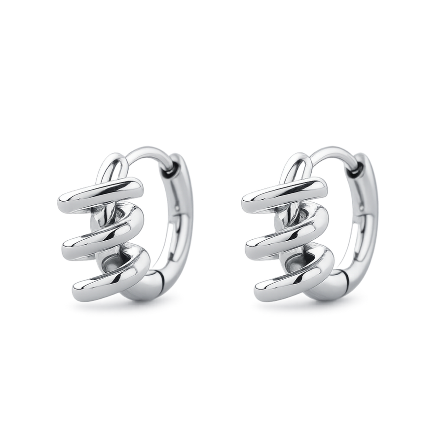 Pair of silver hoop earrings on a white background