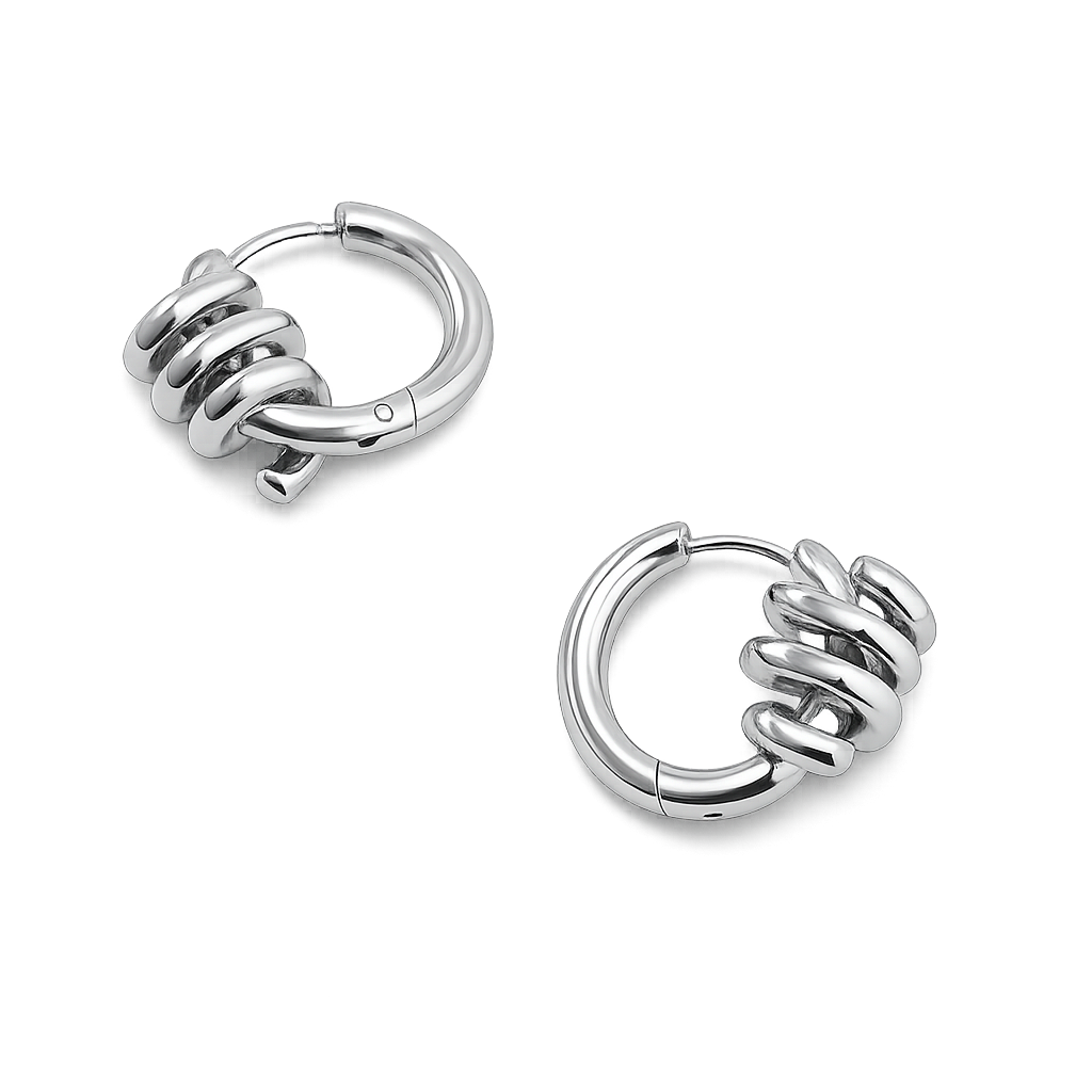 Pair of silver hoop earrings on a white background
