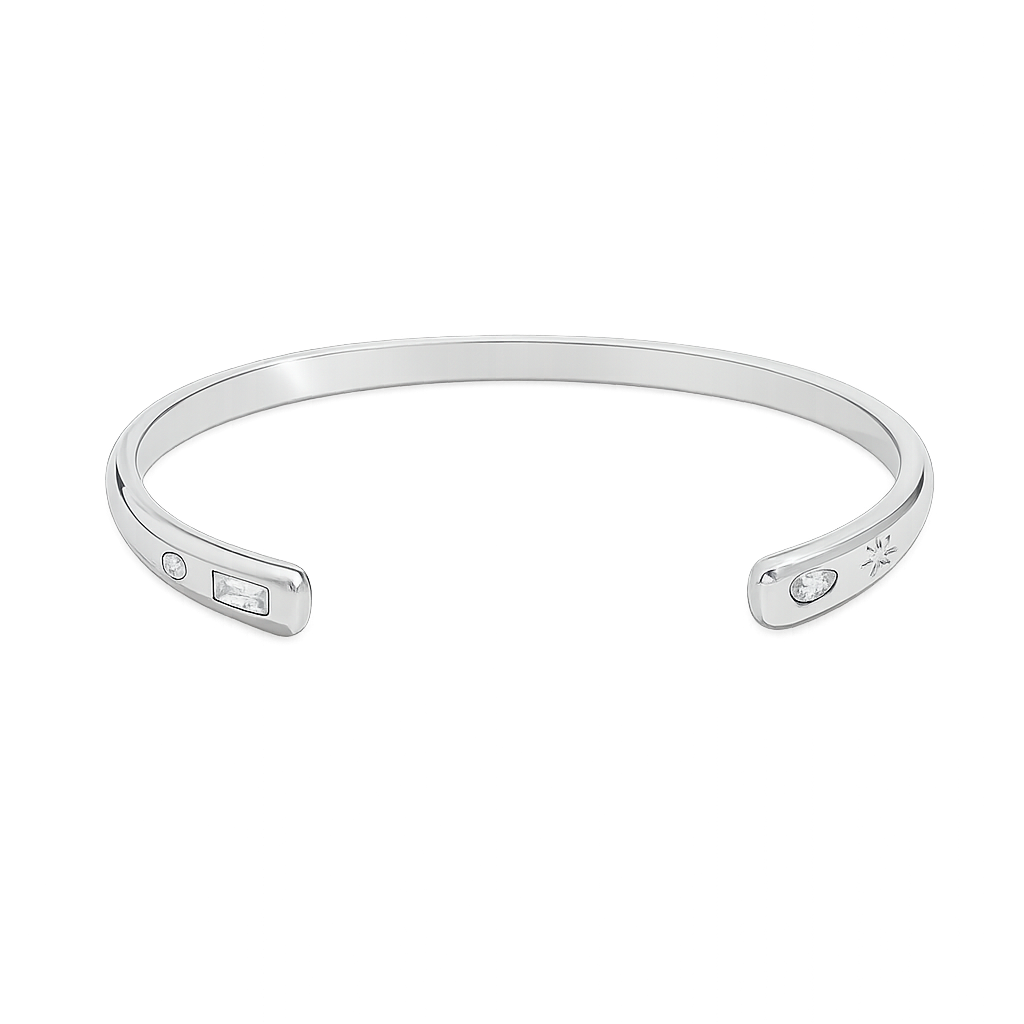 Silver bracelet with small stones on a white background