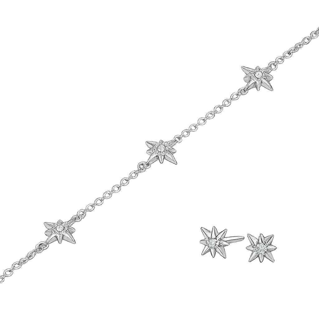 Silver star-shaped jewelry set on a white background