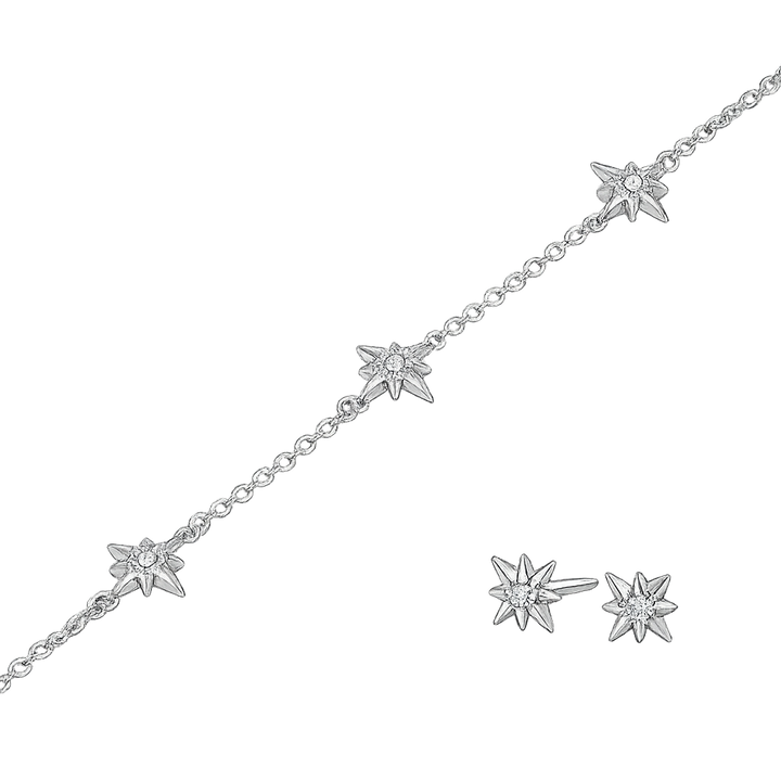 Silver star-shaped jewelry set on a white background