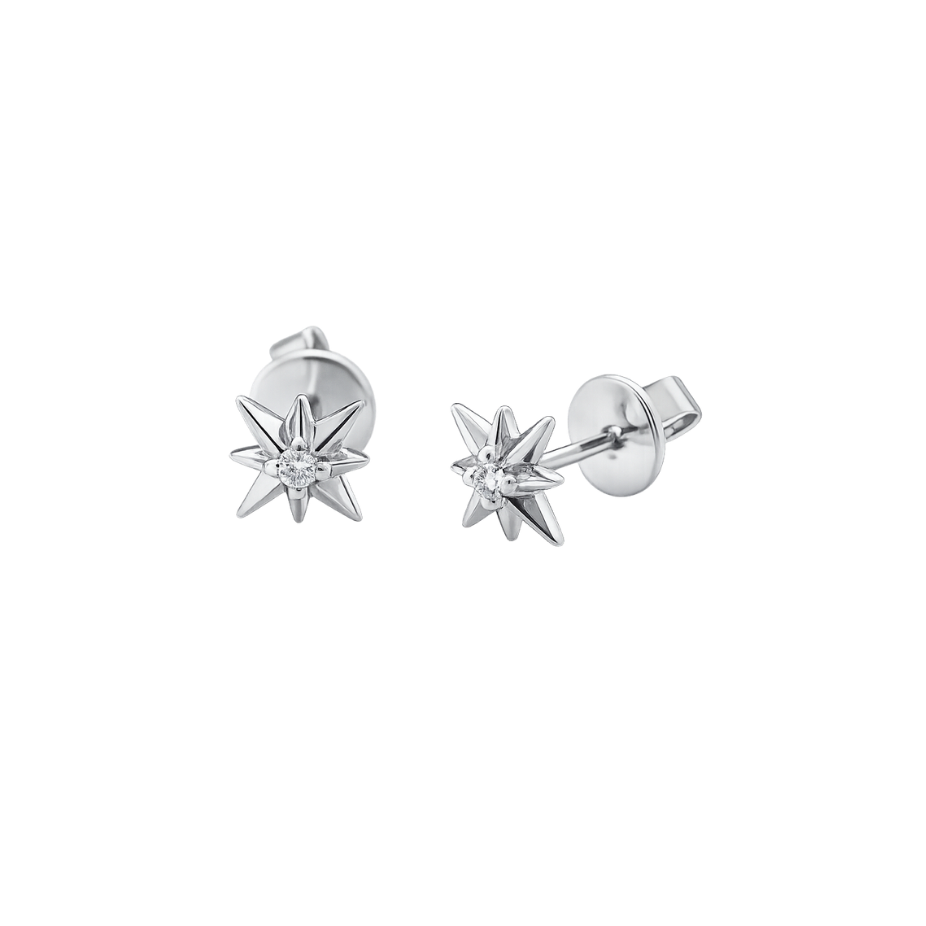 Pair of silver star-shaped earrings on a white background