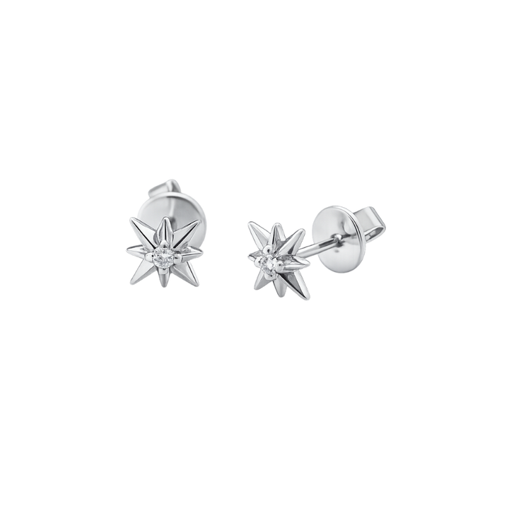Pair of silver star-shaped earrings on a white background