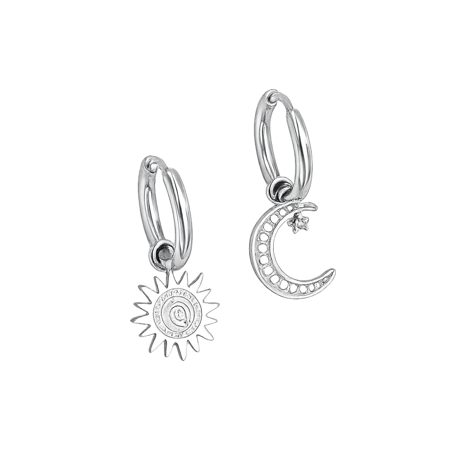 Silver hoop earrings with sun and moon charms on a white background
