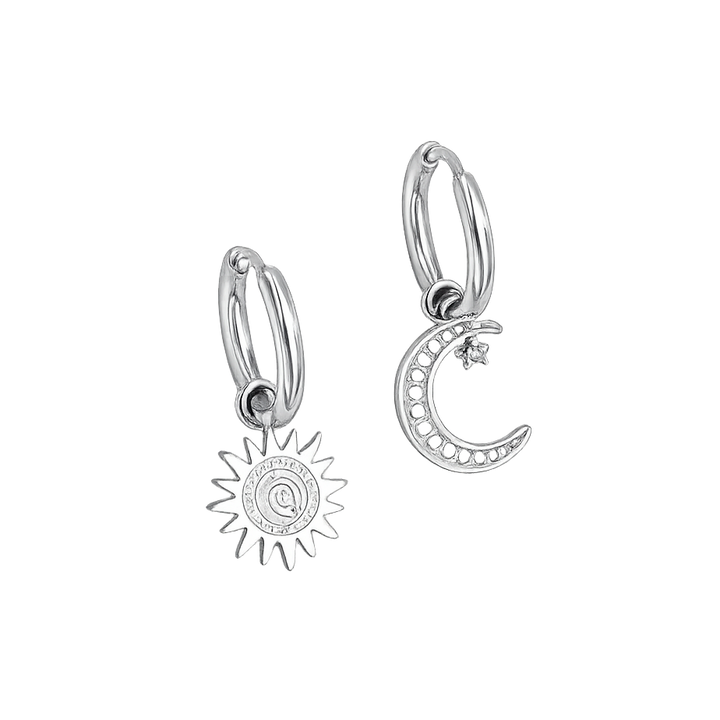 Silver hoop earrings with sun and moon charms on a white background