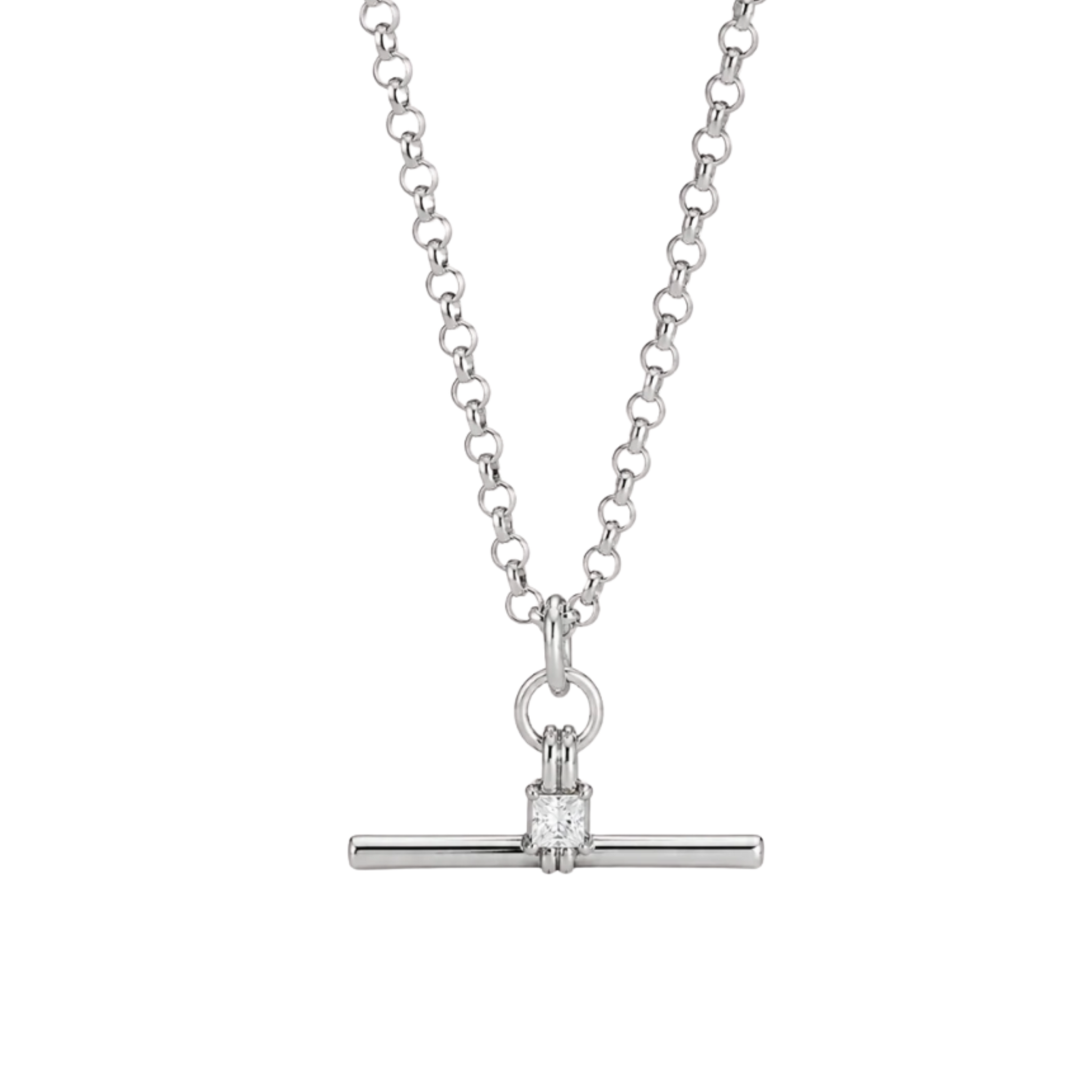 A silver-toned necklace featuring a delicate chain and a horizontal bar pendant with a single square-cut clear gemstone in a prong setting, shown against a plain white background.