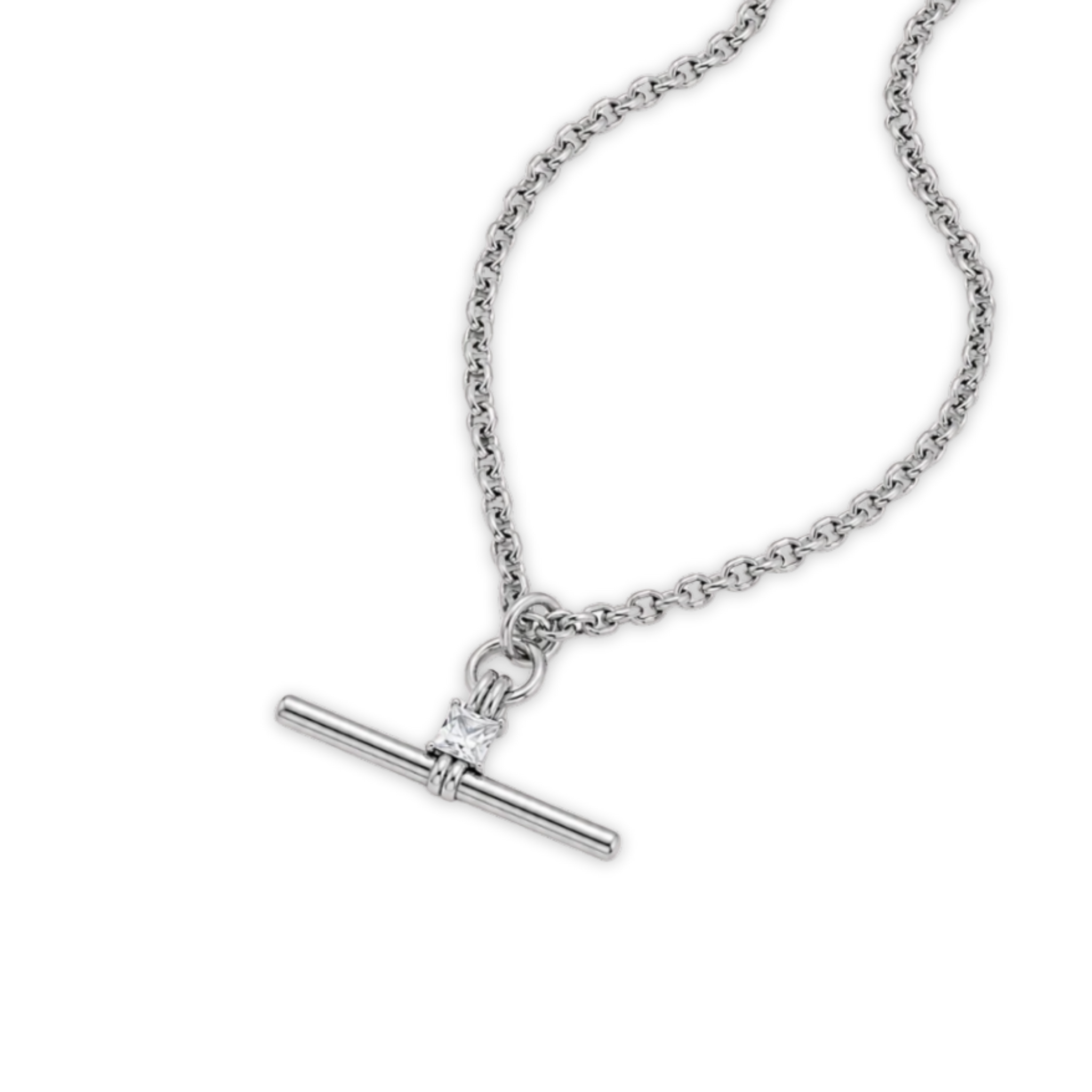 A silver-toned necklace featuring a bar-toggle clasp adorned with a small clear gemstone, displayed on a clean white background.