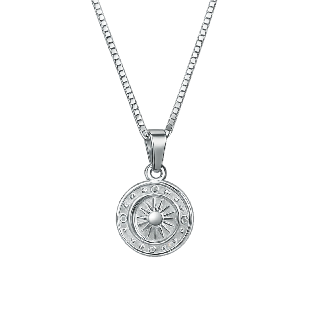 Silver necklace with a round pendant on a white background