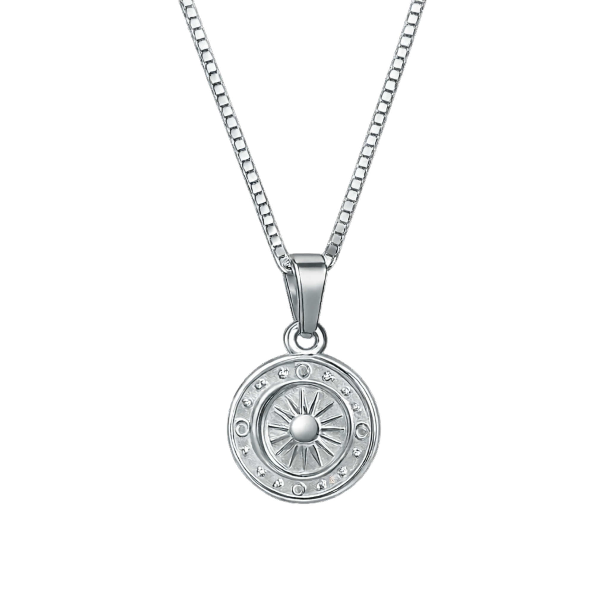 Silver necklace with a round pendant on a white background