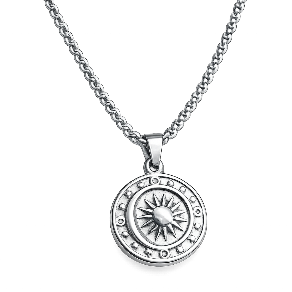Silver necklace with a round pendant featuring a sun design on a white background