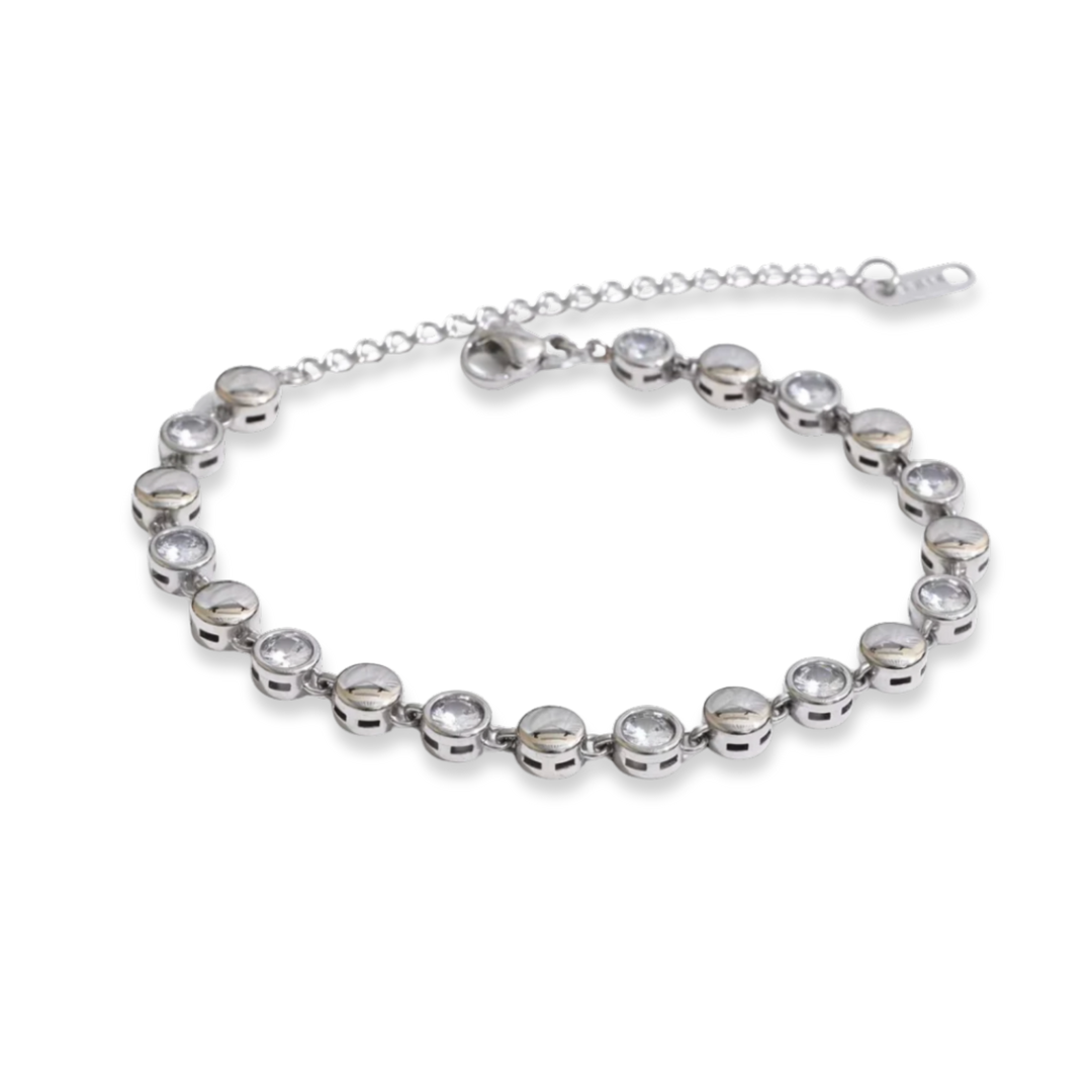 A silver-toned beaded bracelet with a matching extender chain and lobster clasp, shown on a plain white background.