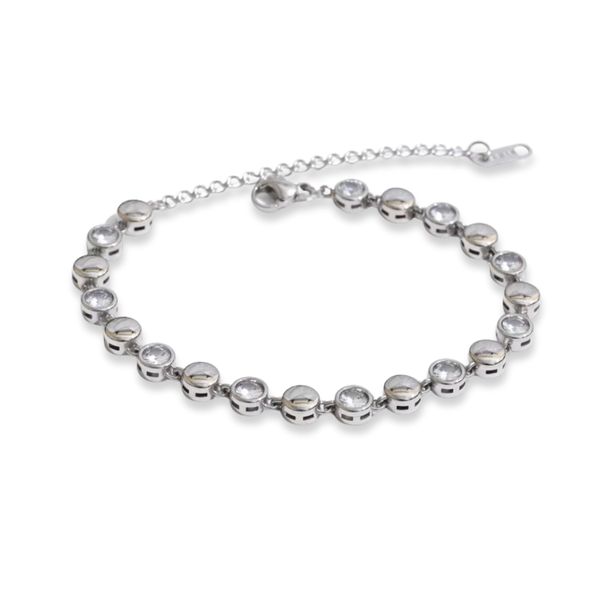 A silver-toned beaded bracelet with a matching extender chain and lobster clasp, shown on a plain white background.