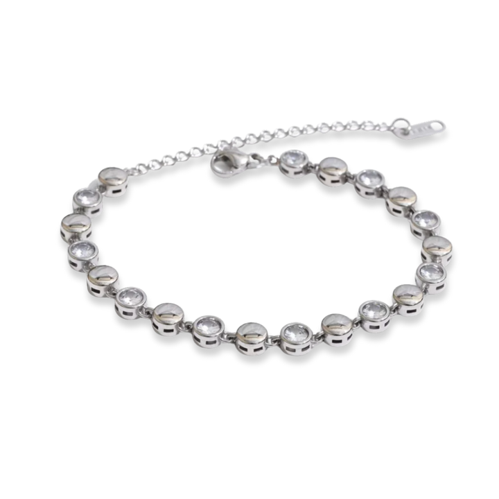 A silver-toned beaded bracelet with a matching extender chain and lobster clasp, shown on a plain white background.