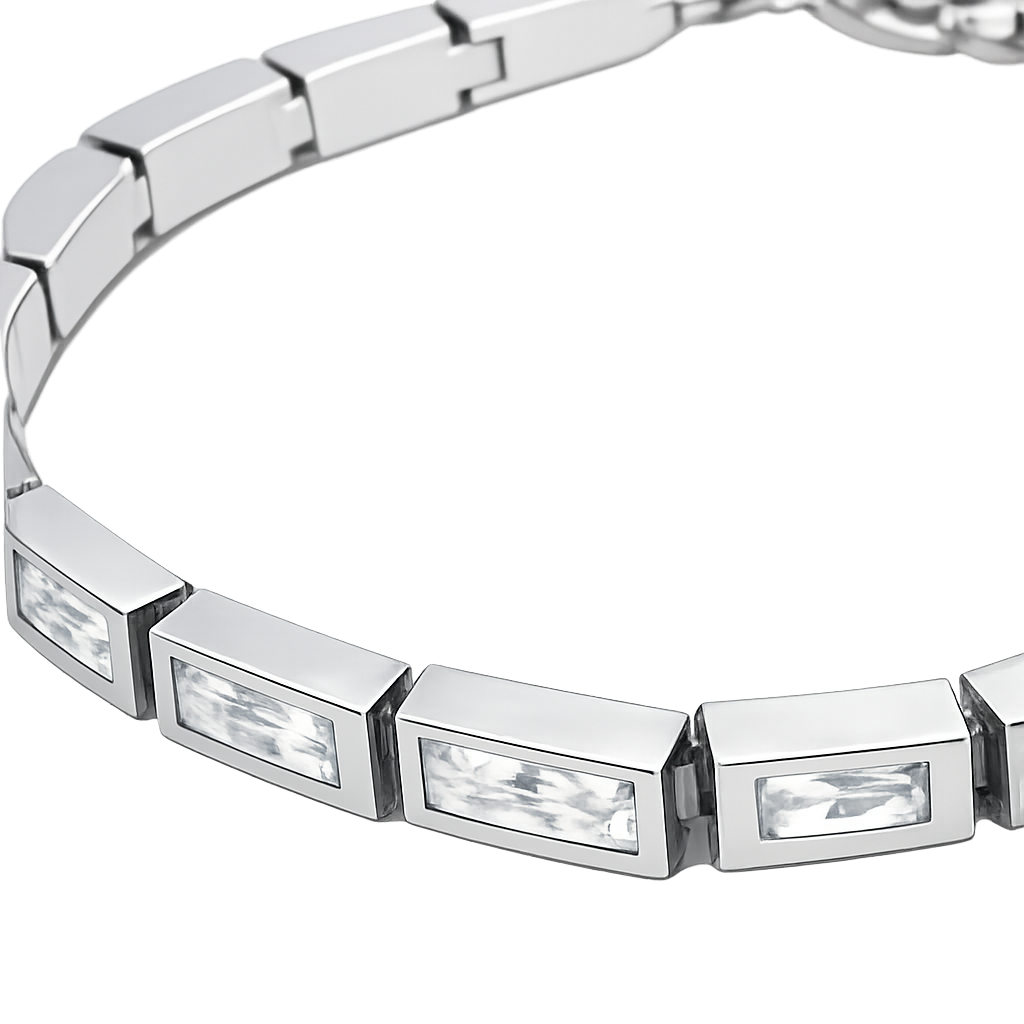 Silver bracelet with rectangular crystals on a white background
