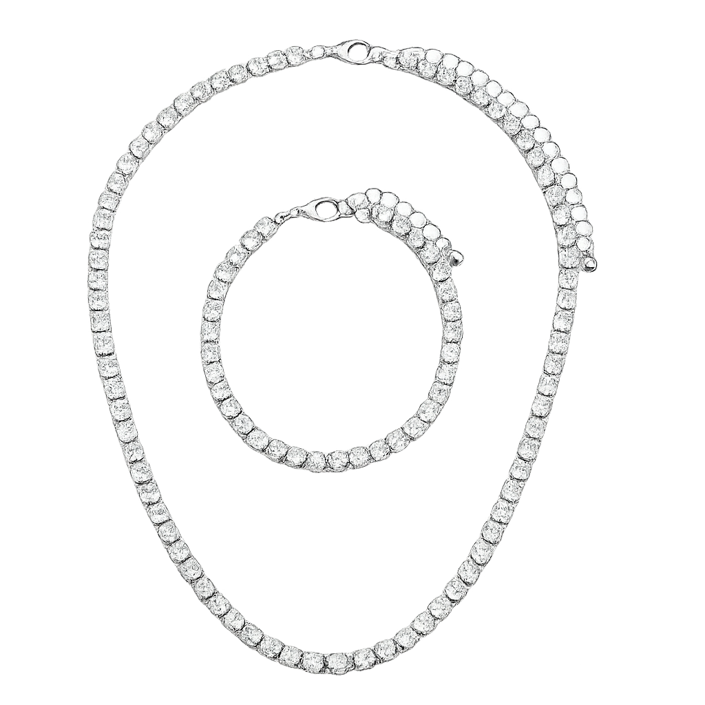 Silver necklace and bracelet set on a white background
