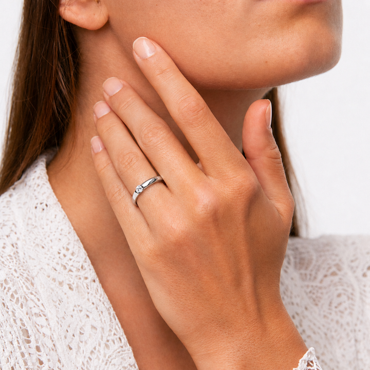 Close-up of a hand wearing a silver ring with a white background
