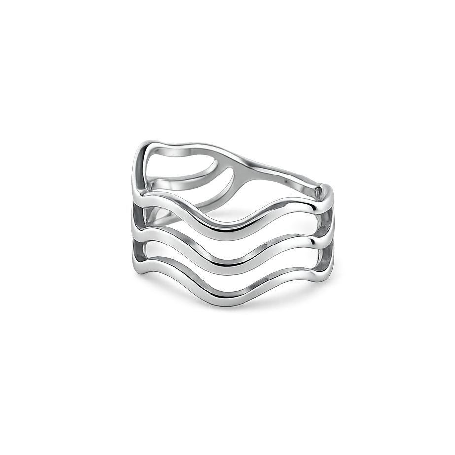 Silver ring with wavy design on a white background