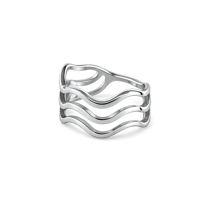 Silver ring with wavy design on a white background