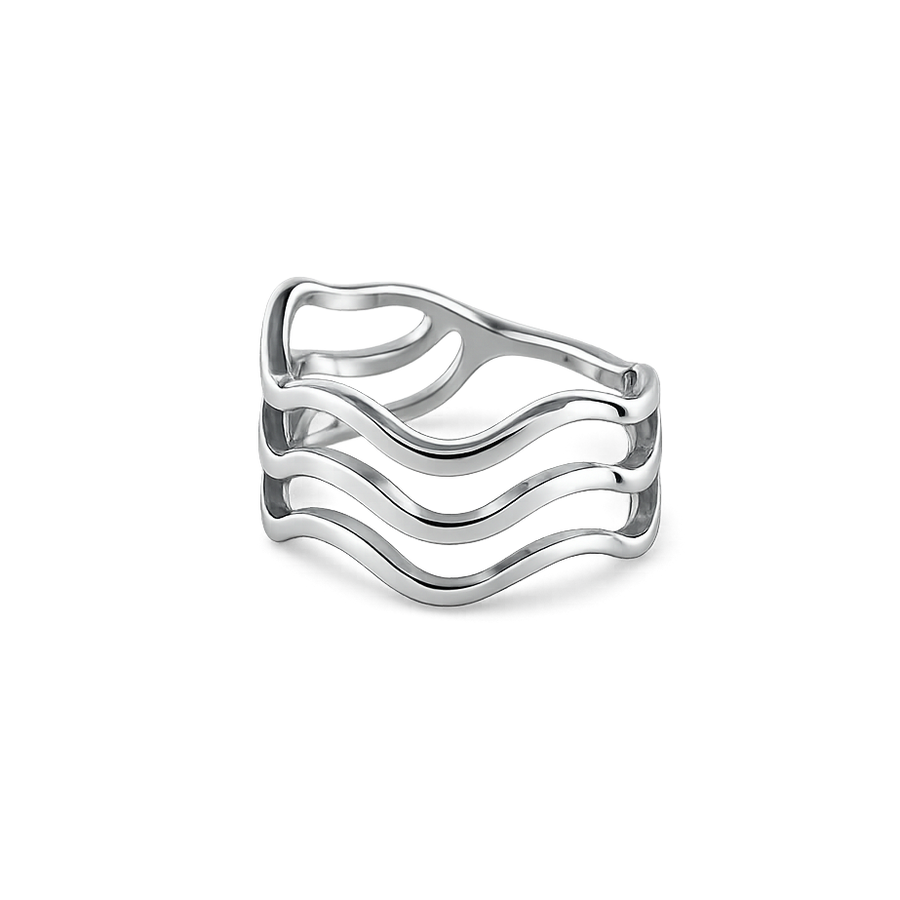 Silver ring with wavy design on a white background