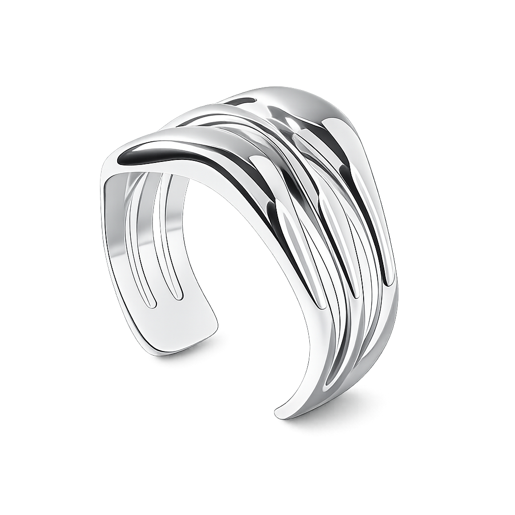 Silver ring with wavy design on a white background