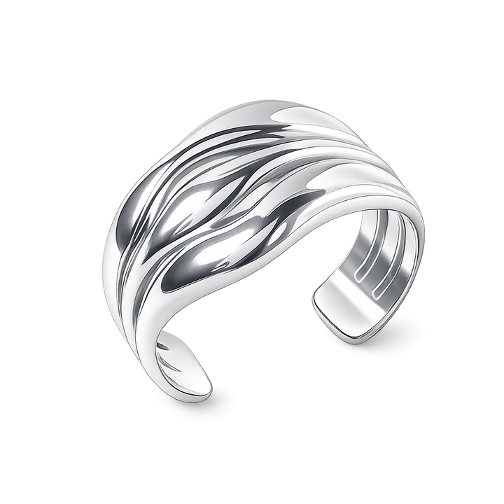 Silver open ring with wavy design on a white background