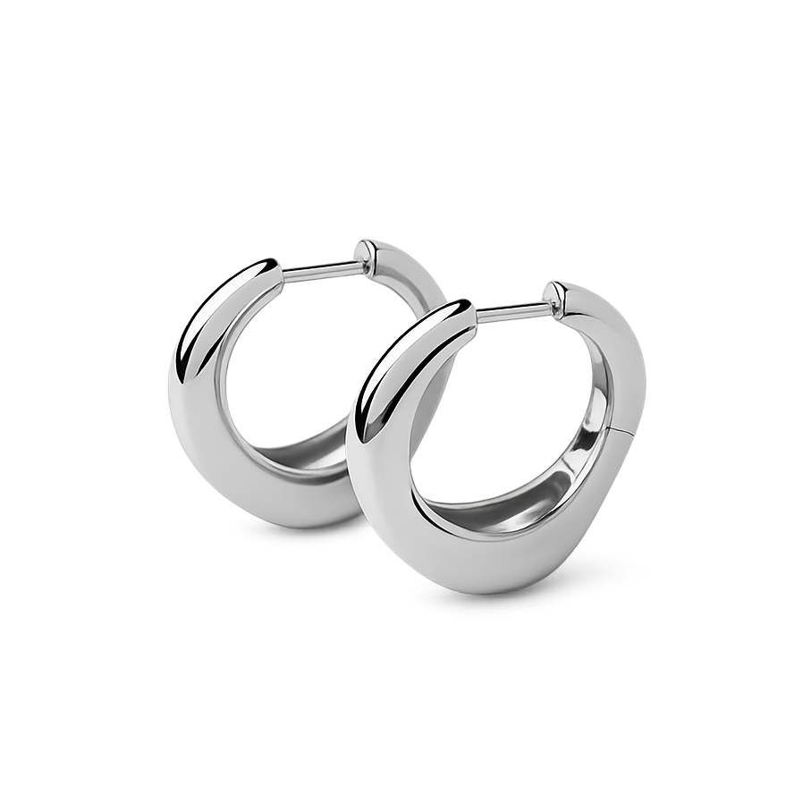 Pair of silver hoop earrings on a white background
