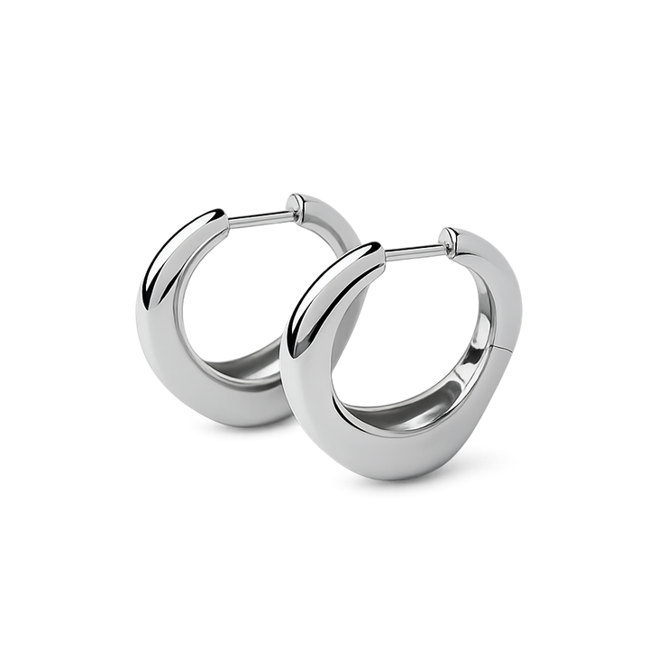 Pair of silver hoop earrings on a white background