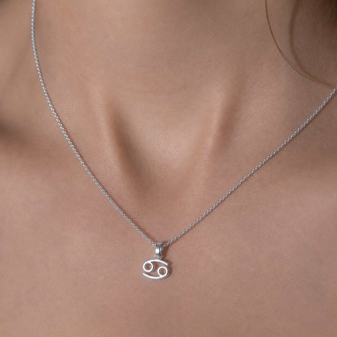 Silver necklace with a zodiac pendant on a person's neck