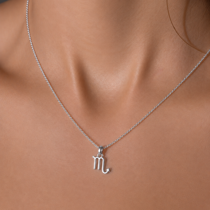 Silver necklace with a zodiac symbol pendant on a mannequin