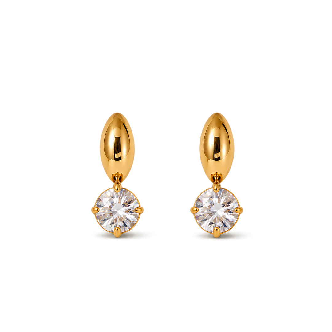 A pair of gold drop earrings with marquise-shaped posts and round-cut clear gemstones in a prong setting, shown on a plain white background.