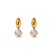 A pair of gold drop earrings with marquise-shaped posts and round-cut clear gemstones in a prong setting, shown on a plain white background.