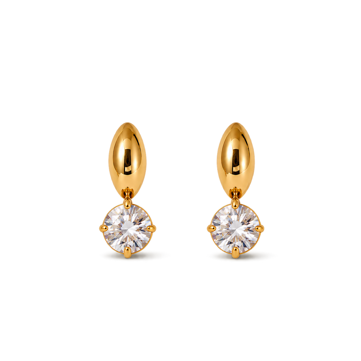 A pair of gold drop earrings with marquise-shaped posts and round-cut clear gemstones in a prong setting, shown on a plain white background.
