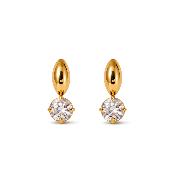 A pair of gold drop earrings with marquise-shaped posts and round-cut clear gemstones in a prong setting, shown on a plain white background.