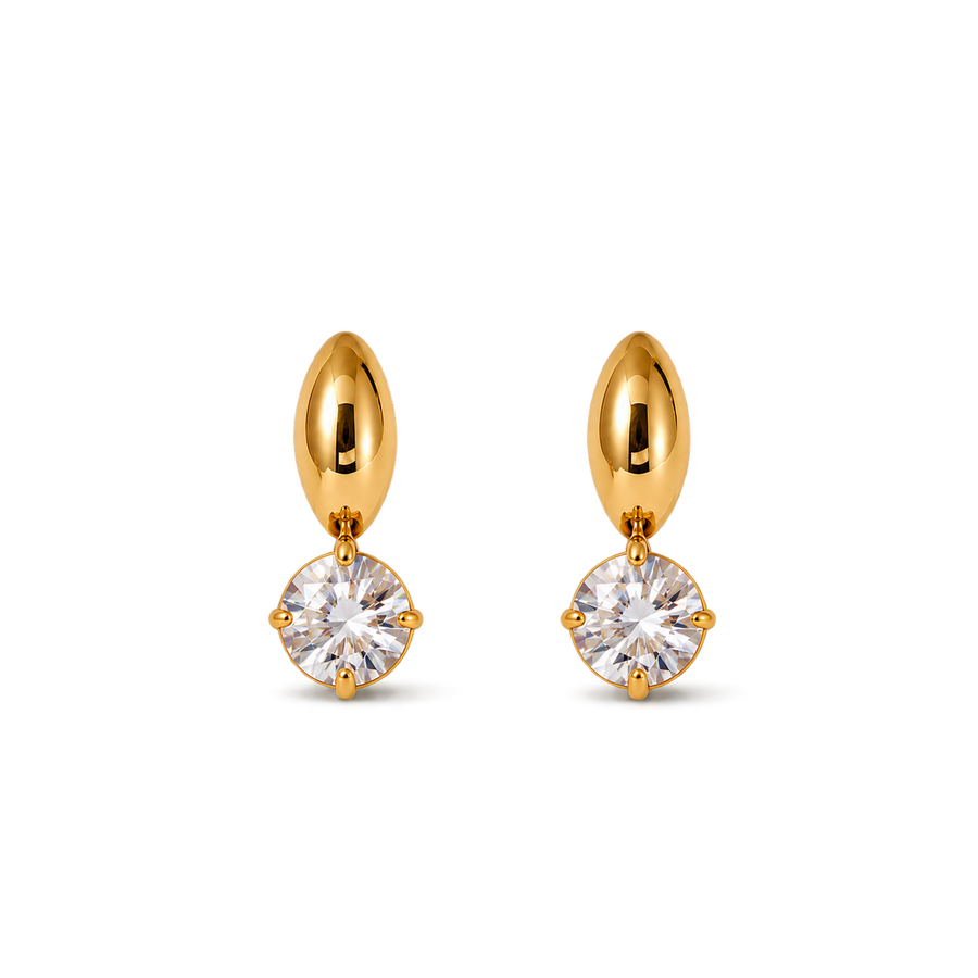 A pair of gold drop earrings with marquise-shaped posts and round-cut clear gemstones in a prong setting, shown on a plain white background.