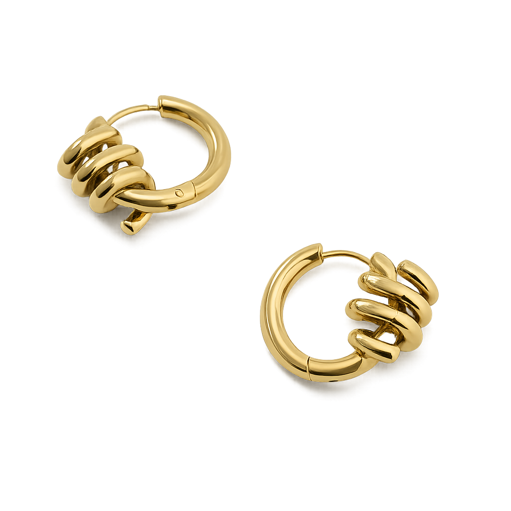 Gold hoop earrings on a white background