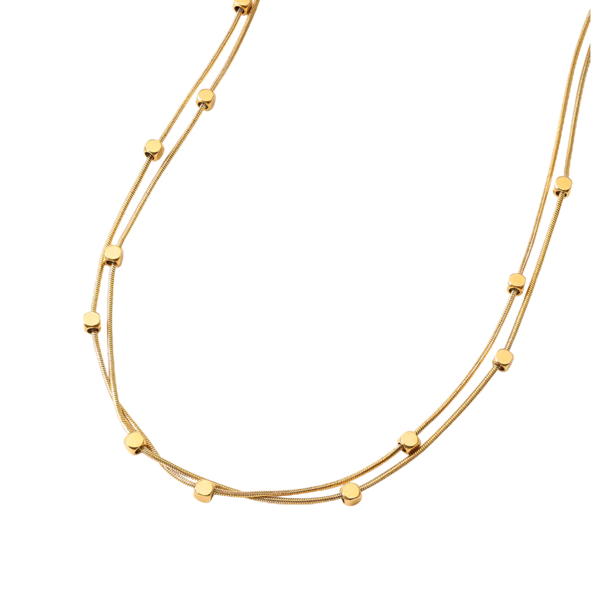 Gold necklace with small round beads on a white background