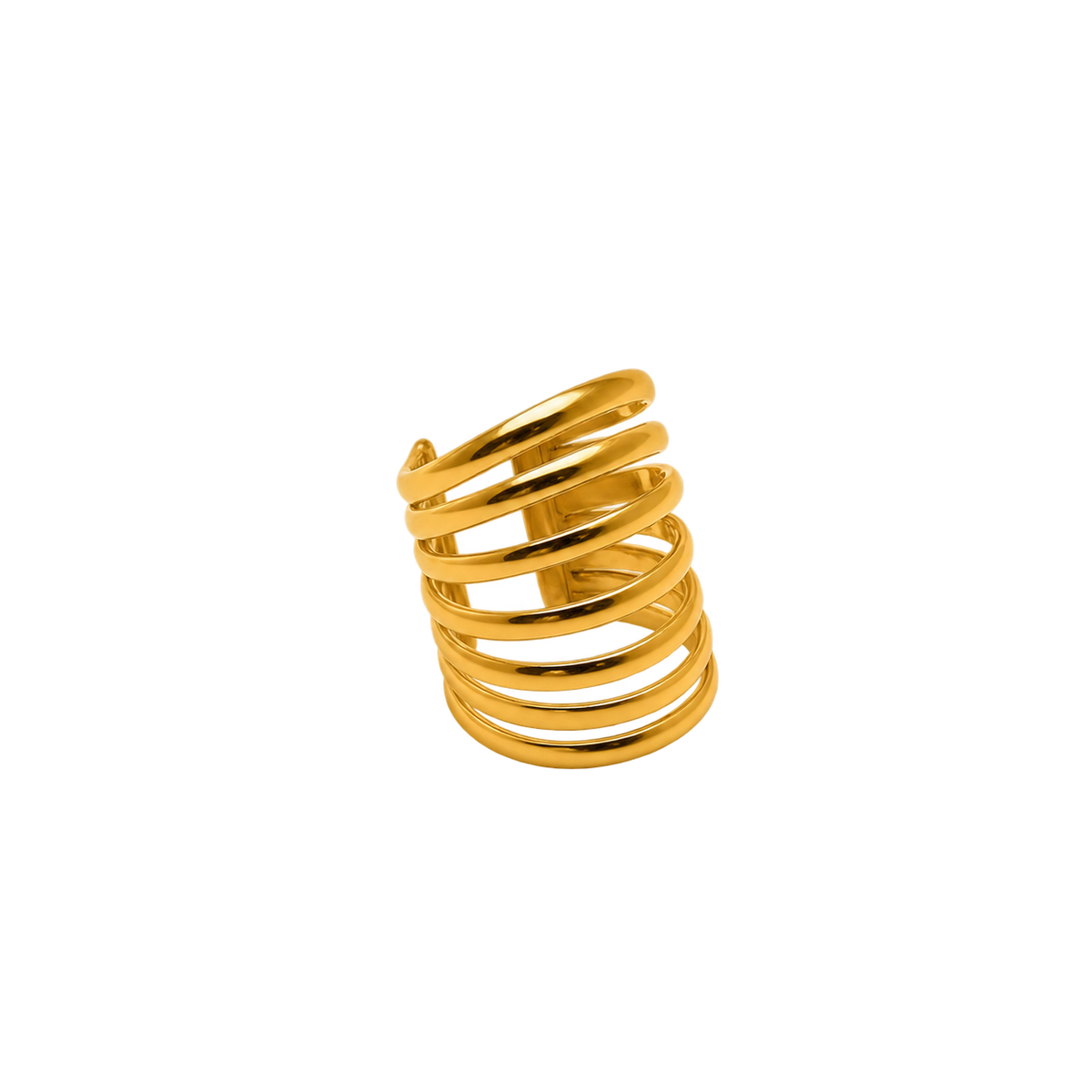 A gold-plated spiral ring with multiple stacked horizontal loops, shown on a plain white background.