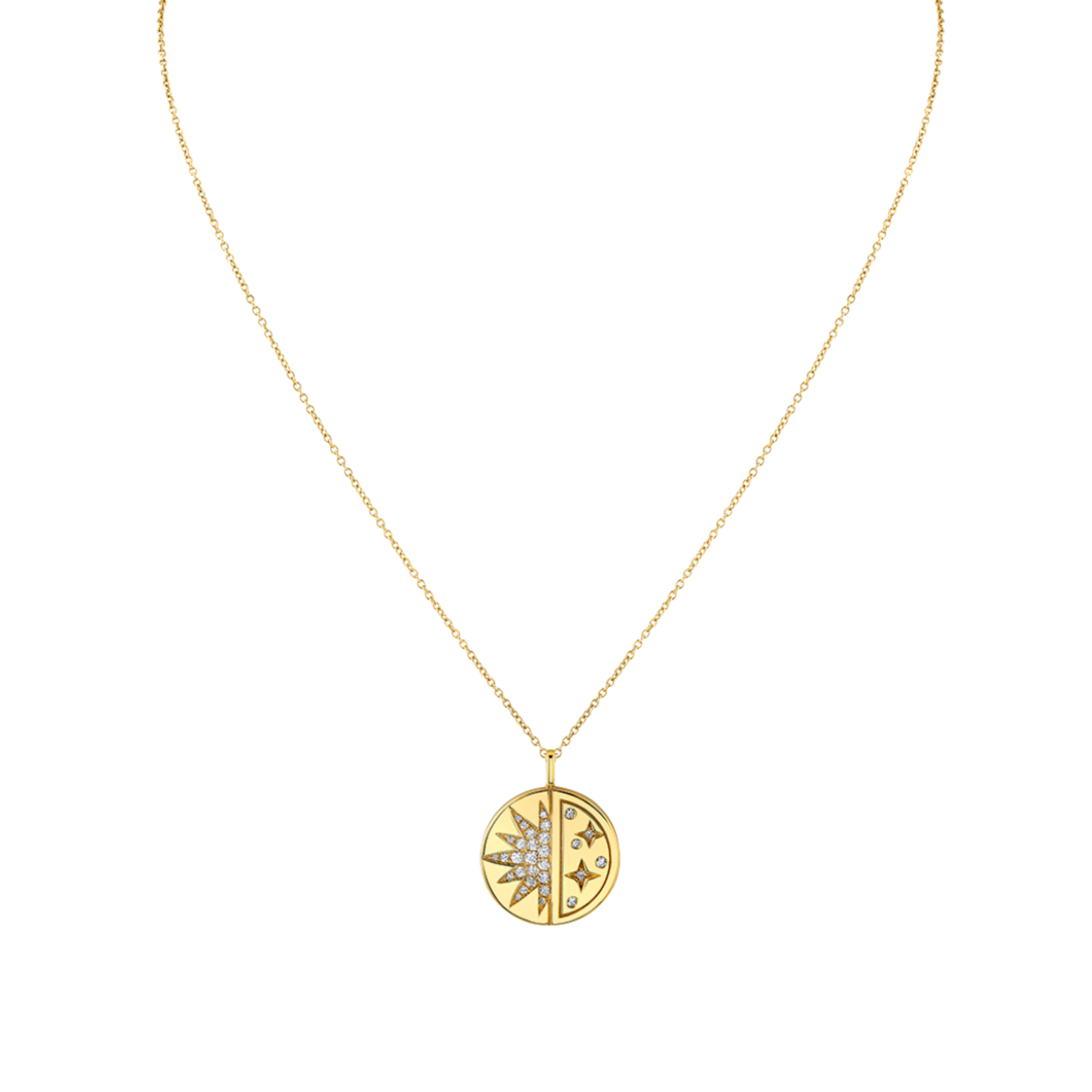 Gold necklace with a circular pendant on a white background