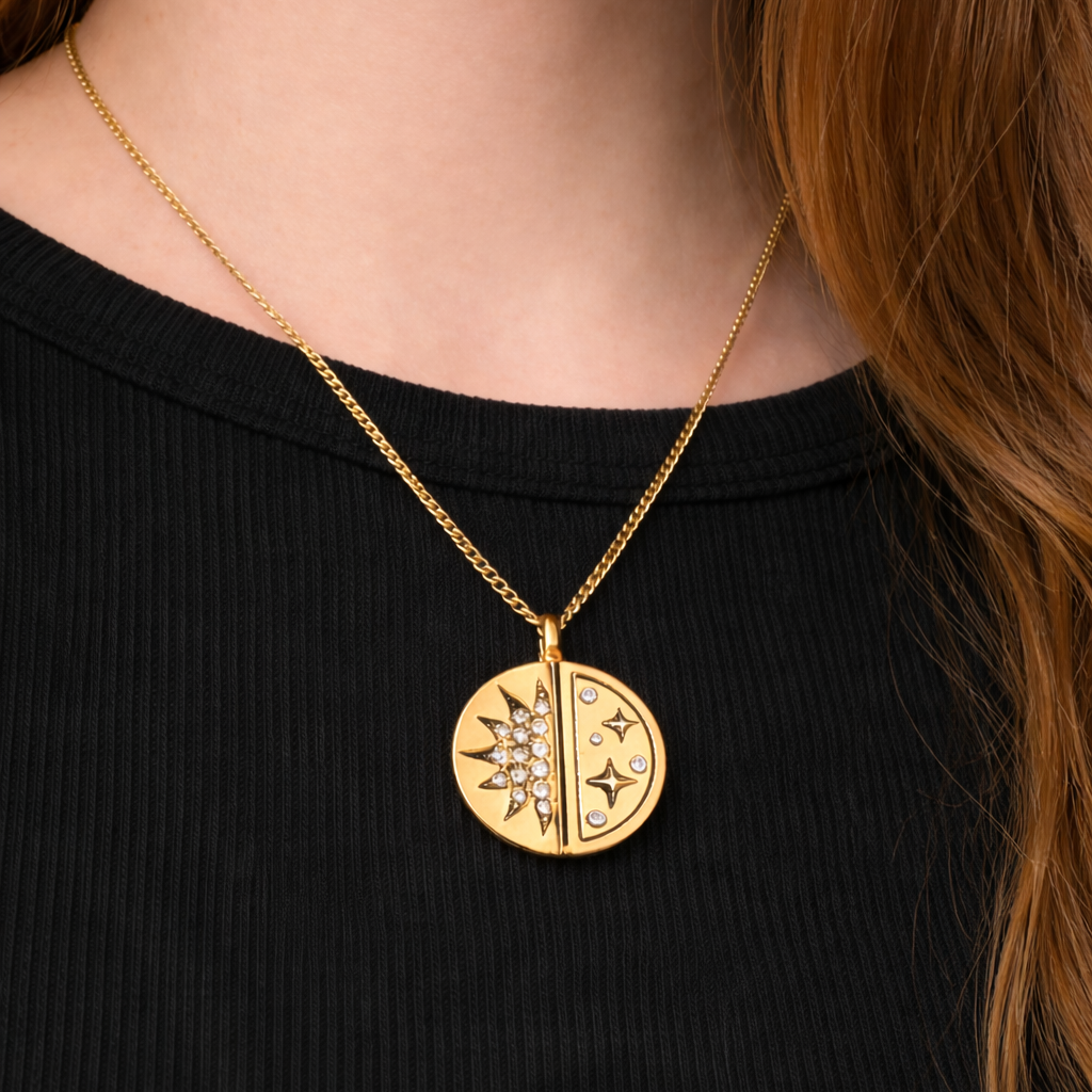 Gold necklace with a circular pendant worn by a person against a black background
