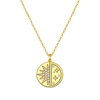 Gold necklace with a circular pendant featuring star designs on a white background