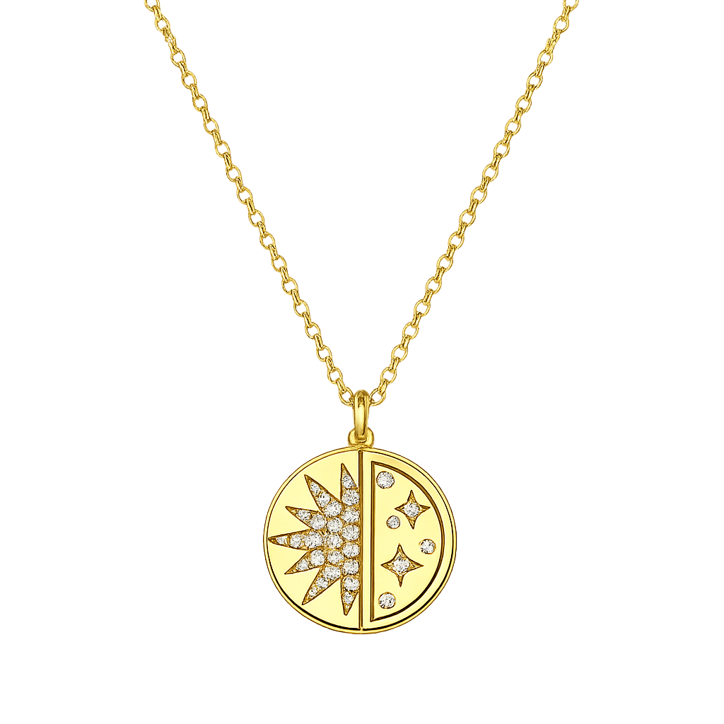 Gold necklace with a circular pendant featuring star designs on a white background