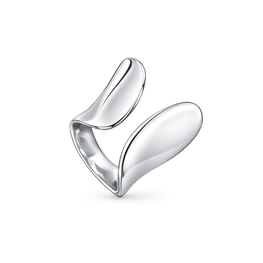 Silver ring with a modern design on a white background