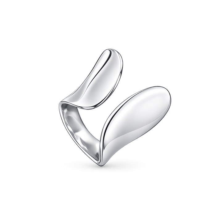 Silver ring with a modern design on a white background